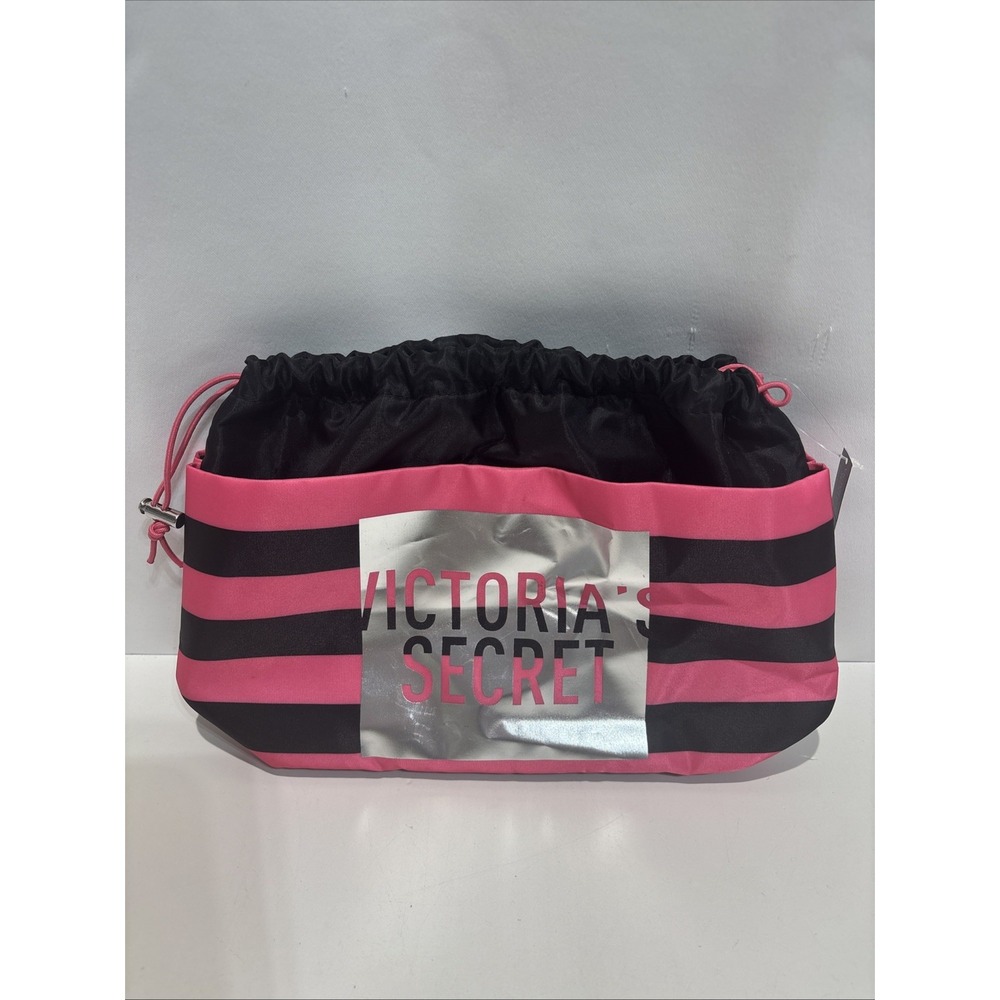 Victoria's Secret Makeup Bag Beauty Bag Pink & Black Striped Logo New
